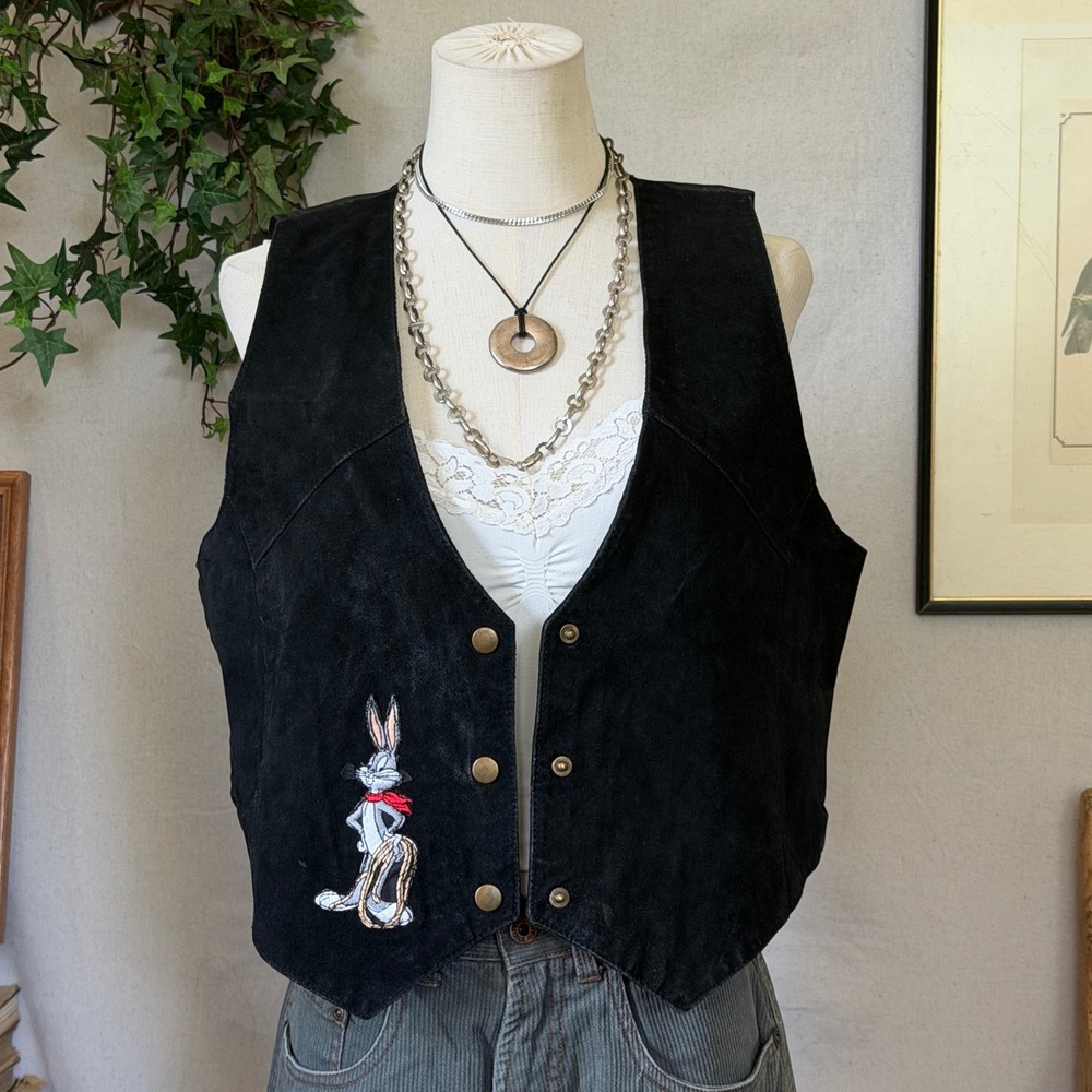 Black Bugs Bunny Suede Leather Vest Western Cartoon 1995 Vintage M Kidcore Snaps